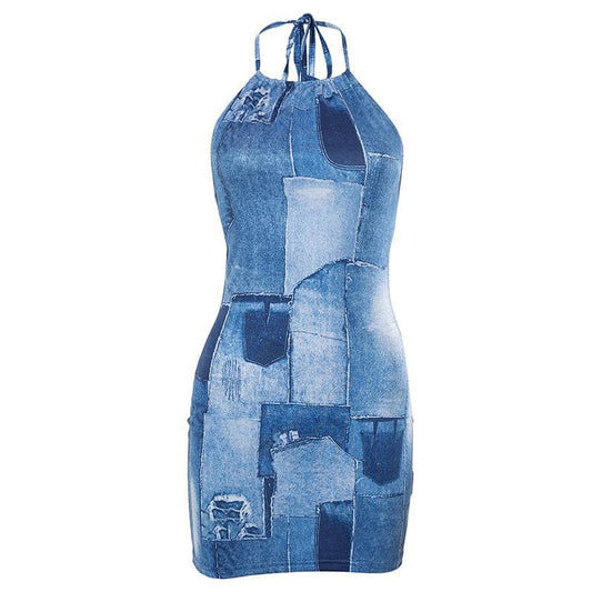 Rückenfreies Neckholder-Minikleid mit selbst zu bindendem Kordelzug und Jeans-Print in Kontrastfarbe 