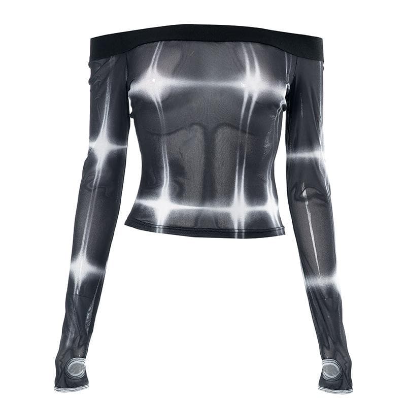 Tie dye contrast off shoulder long sleeve gloves sheer mesh see through top