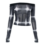 Tie dye contrast off shoulder long sleeve gloves sheer mesh see through top