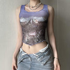 Sheer mesh see through abstract print ruffle sleeveless crop top