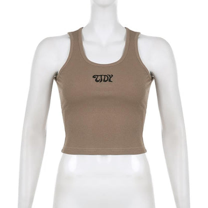 Ärmelloses, geripptes Crop-Top mit Stickerei und U-Ausschnitt 