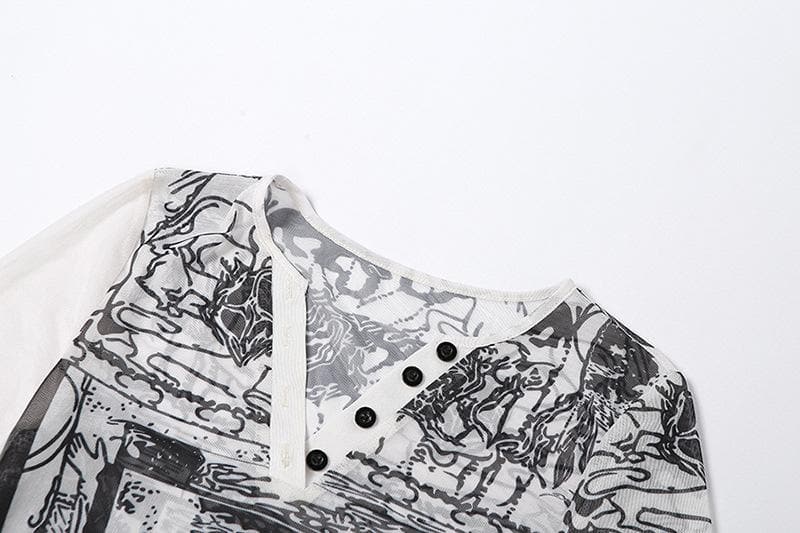 Sheer mesh see through long sleeve button v neck abstract print pant set