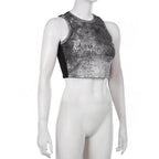 Textured contrast sleeveless crewneck patchwork crop top