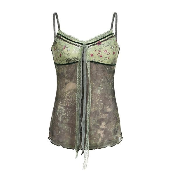 Lace hem patchwork v neck tie dye contrast mesh backless cami top