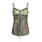 Lace hem patchwork v neck tie dye contrast mesh backless cami top