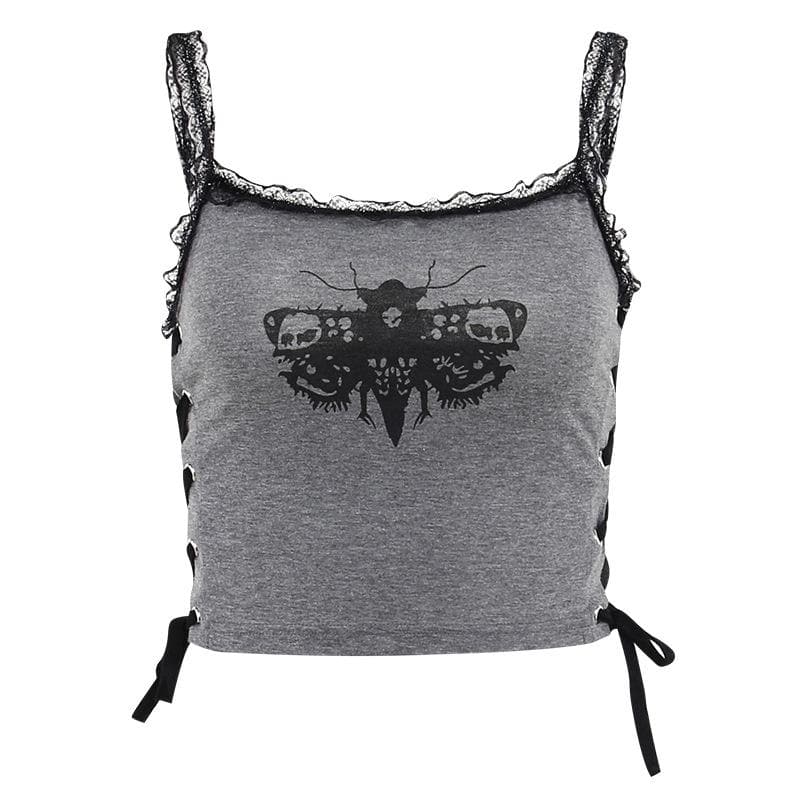 Lace hem backless lace up butterfly pattern contrast crop top