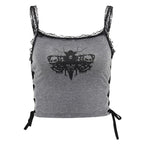 Lace hem backless lace up butterfly pattern contrast crop top