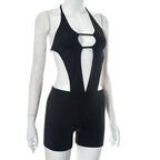 Hollow out solid halter backless self tie romper