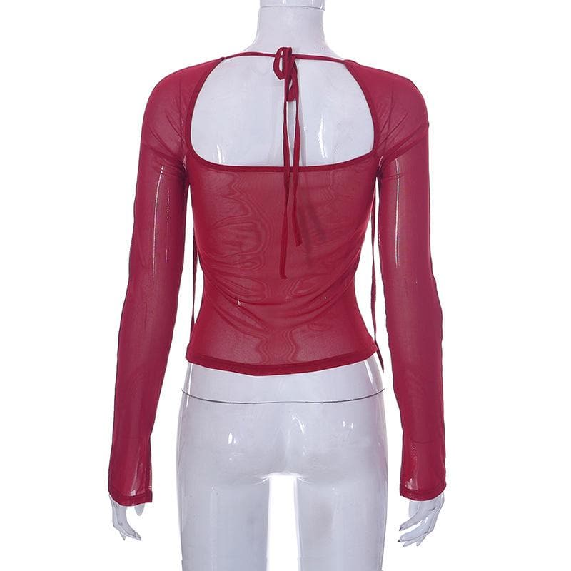 Top corto a maniche lunghe con scollo quadrato e coulisse in rete con bottoni