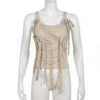 Metal chain sleeveless lace hem irregular solid top