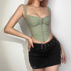 Ruched button solid sleeveless ruffle backless top