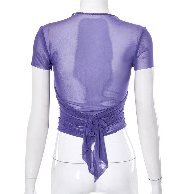 Sheer mesh see through cross front short sleeve solid self tie top