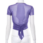 Sheer mesh see through cross front short sleeve solid self tie top