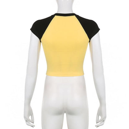 Patchwork contrast cap sleeve heart pattern crop top