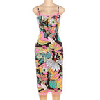 Abstract Print Contrast Lace Hem Slit Low Cut Backless Cami Midi Dress