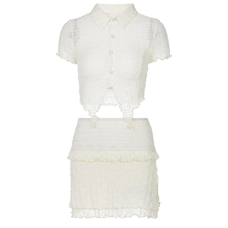 Textured button turnover collar short sleeve ruffle mini skirt set
