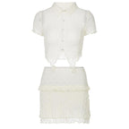 Textured button turnover collar short sleeve ruffle mini skirt set
