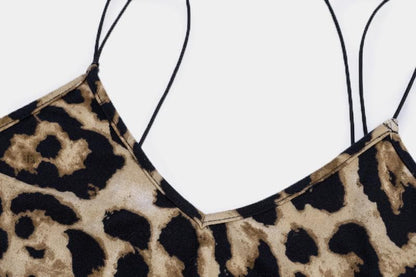 Leopard print contrast spaghetti strap u neck backless midi dress