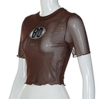 Short sleeve sheer mesh see through ruffle embroidery crop top