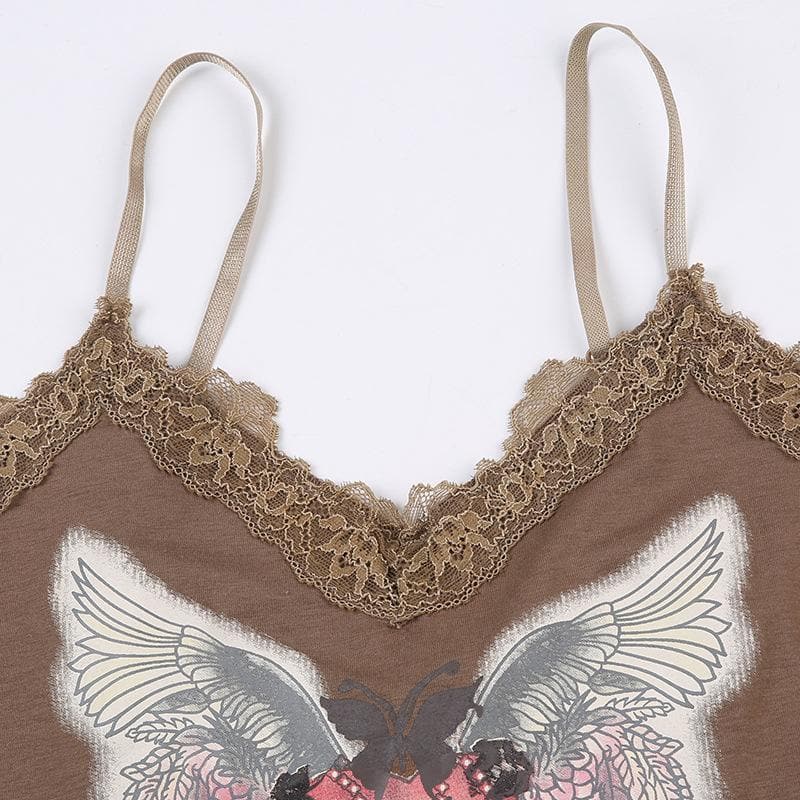 Abstract Print Contrast Lace Hem V Neck Backless Cami Crop Top