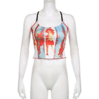 Cross back contrast u neck abstract backless crop top