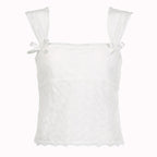 Textured lace hem bowknot zip-up cap sleeve solid top