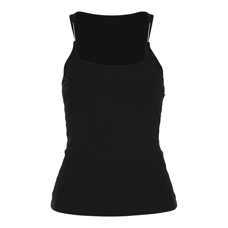 Top senza maniche in patchwork a coste con scollo quadrato