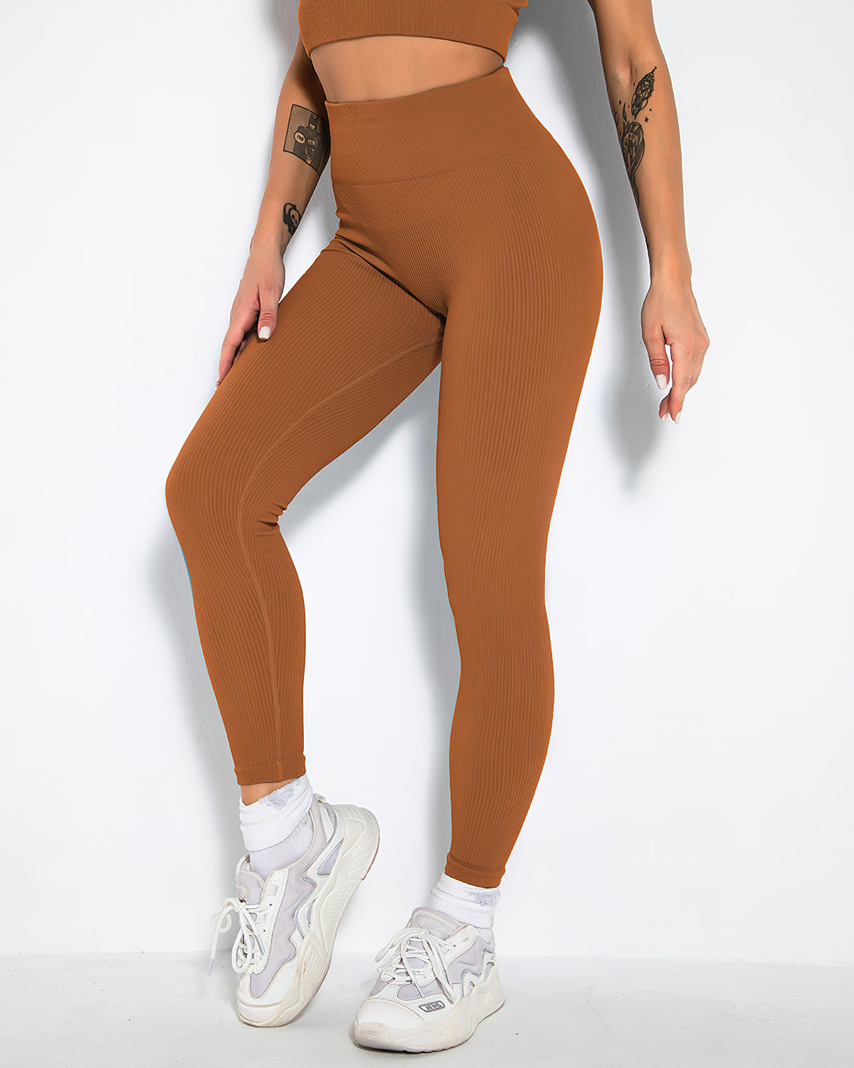 Nieve Gerippte Nahtlose Leggings - Braun Rost