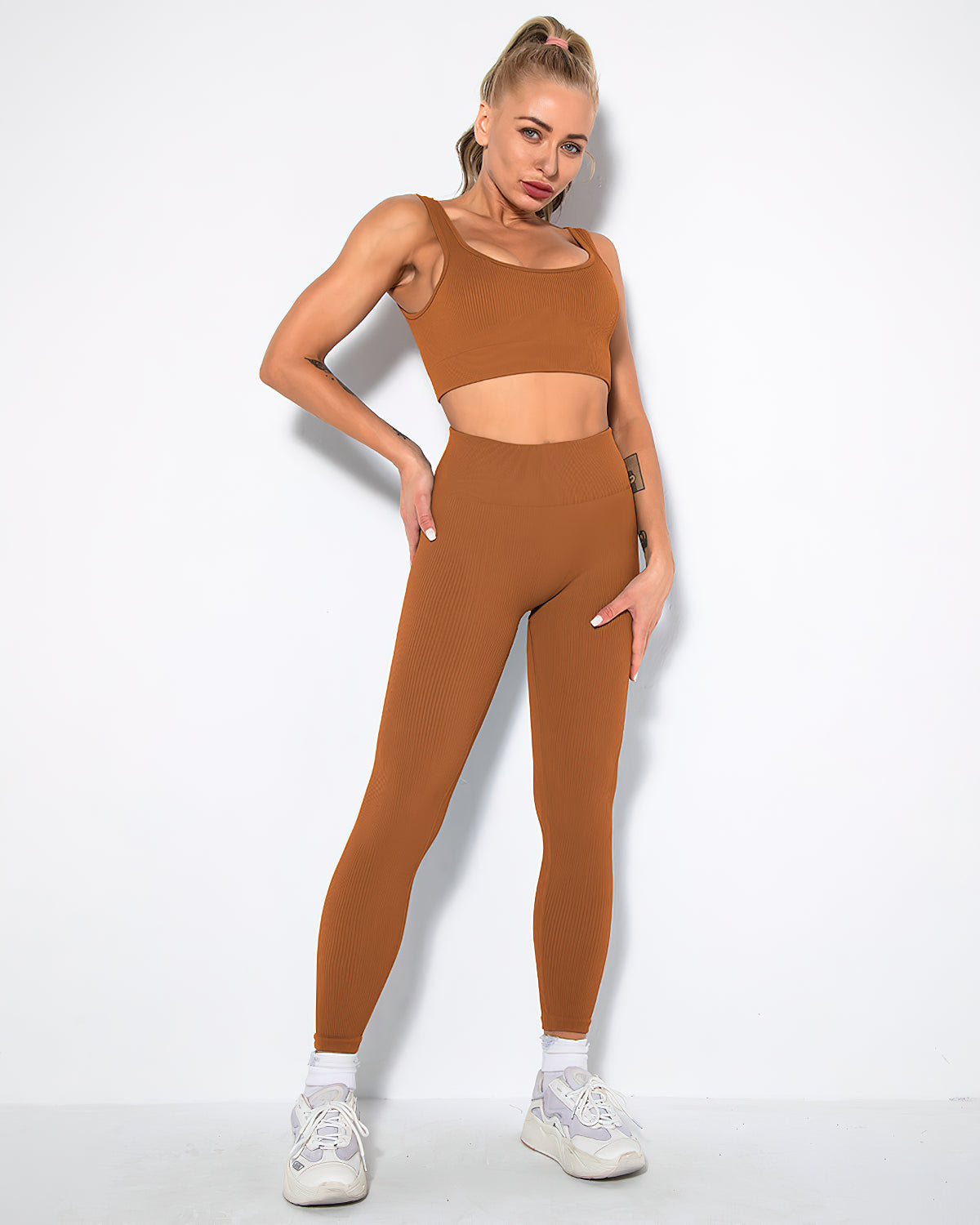 Nieve Gerippte Nahtlose Leggings - Braun Rost