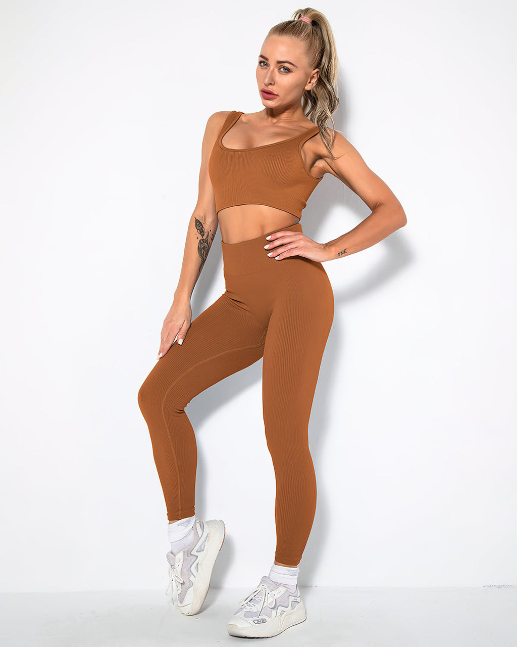 Nieve Gerippte Nahtlose Leggings - Braun Rost