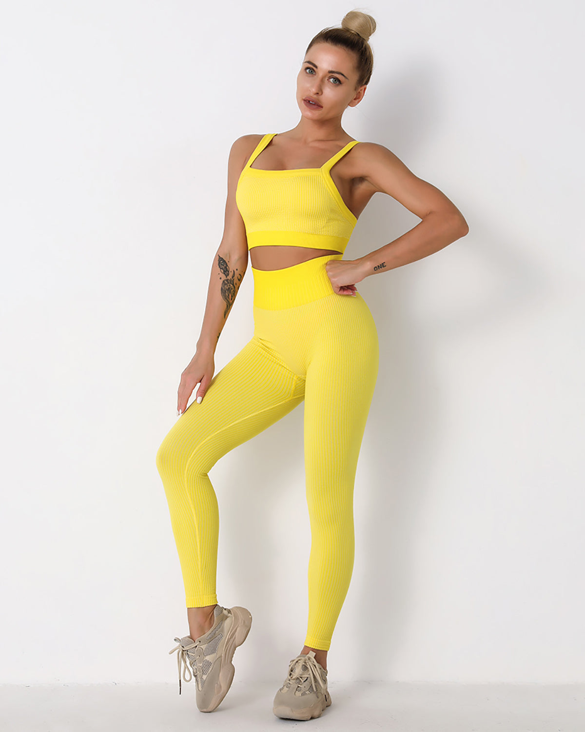 Qiara Gerippte Nahtlose Leggings - Gelb