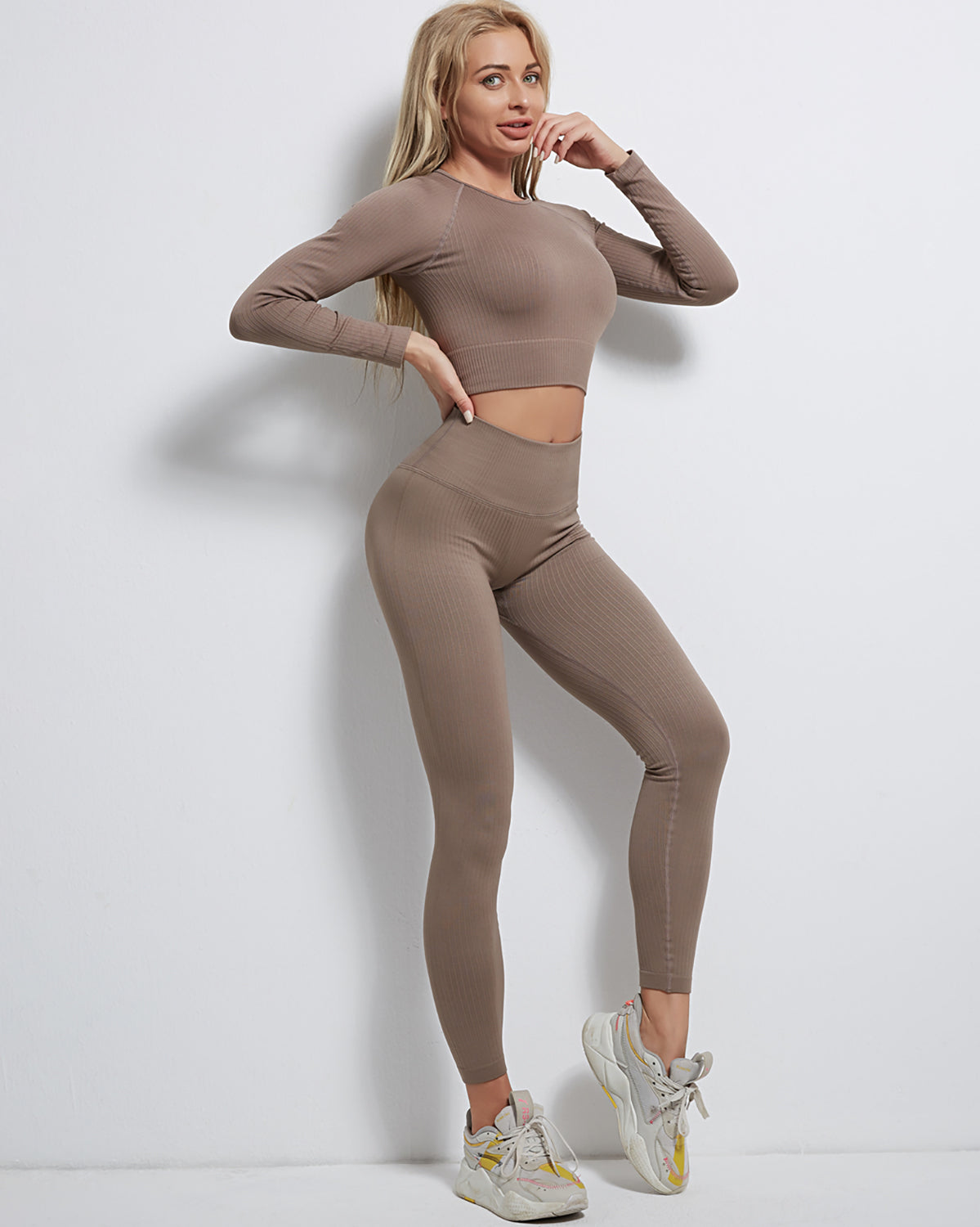 Rozy Gerippte Nahtlose Leggings - Kaffee